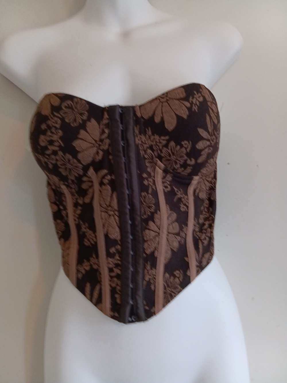 Floral Brocade Strapless Corset Crop Top in Brown